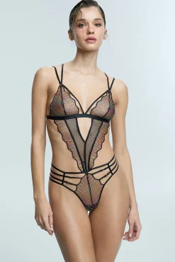 Body de tiras e riscas multicolor decote em V