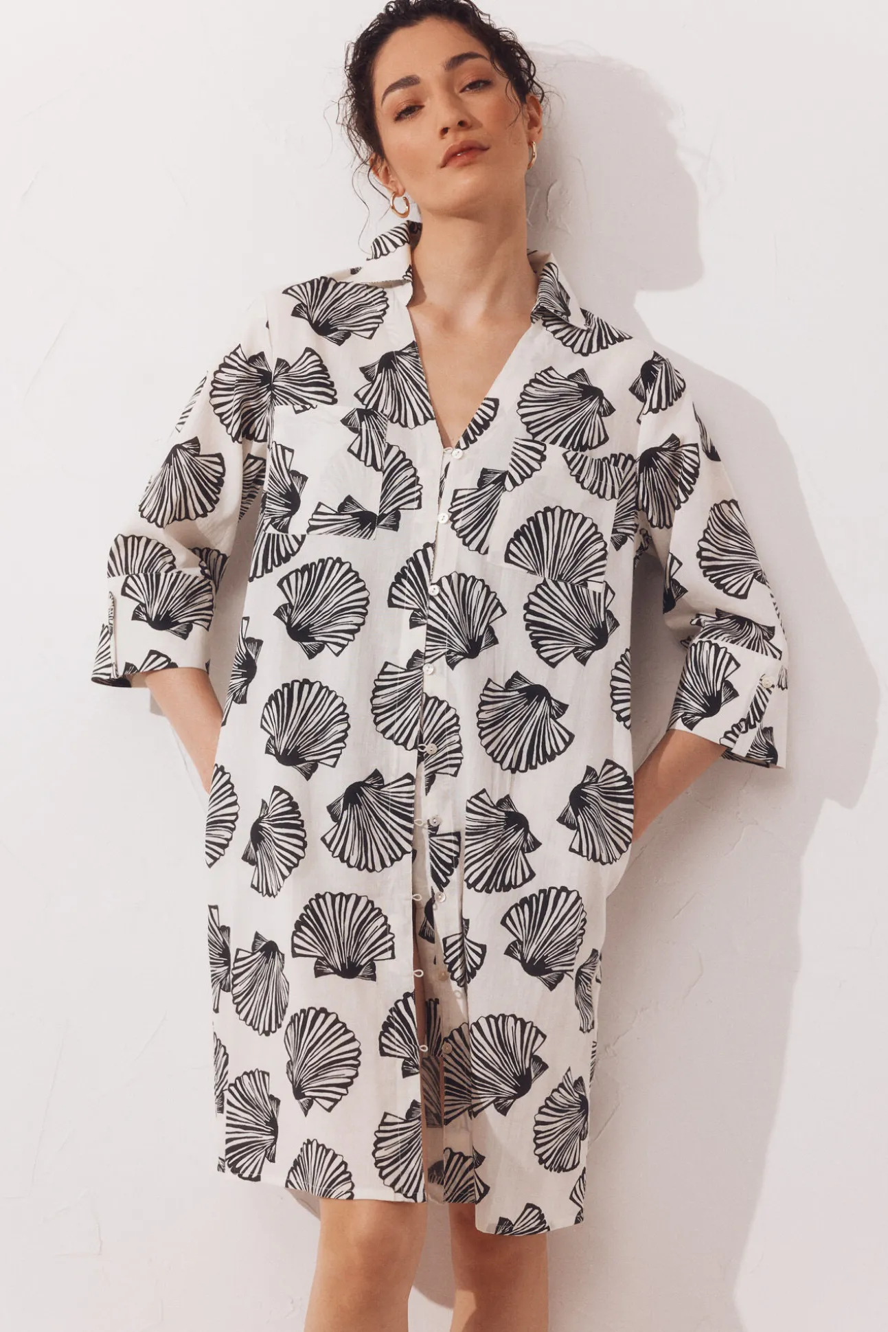 Caftan tipo camisa em algodão estampado