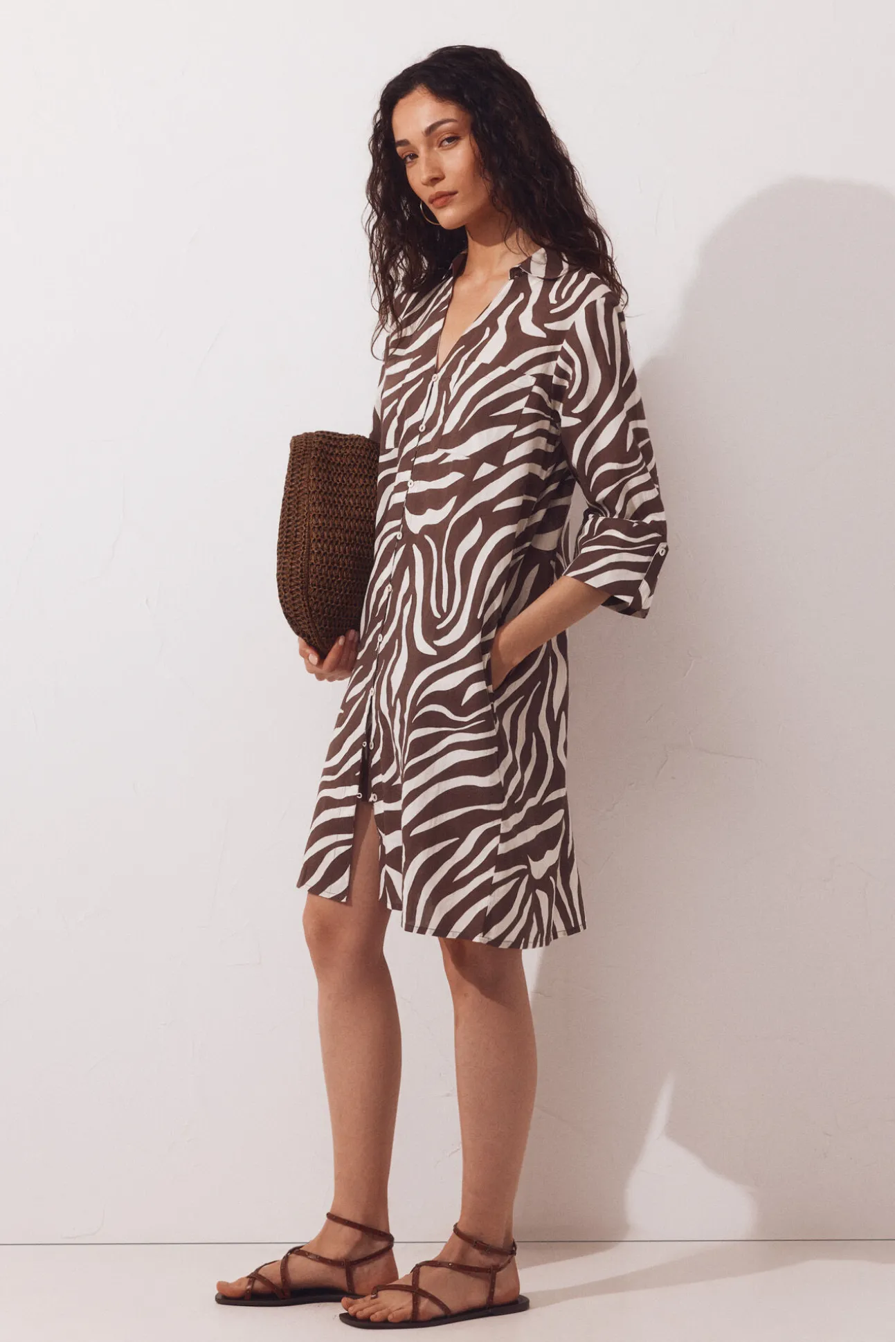 Caftan tipo camisa em algodão estampado
