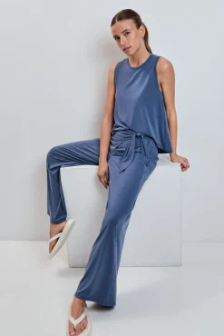Calça comprida palazzo soft touch azul