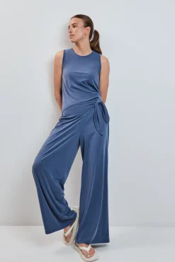 Calça comprida palazzo soft touch azul