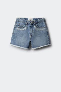 Calções denim bordados bolsos menina