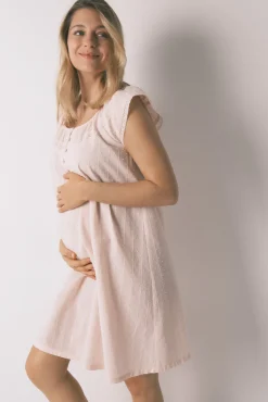 Camisa de dormir comprida maternity em algodão rosa