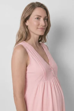 Camisa de dormir maternity sem mangas em algodão rosa