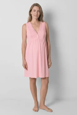 Camisa de dormir maternity sem mangas em algodão rosa