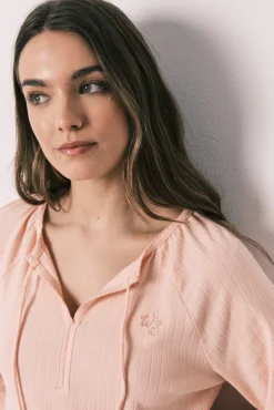 Camisa de dormir midi canelada em algodão rosa
