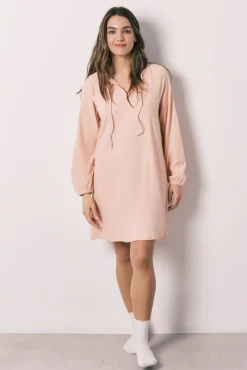 Camisa de dormir midi canelada em algodão rosa