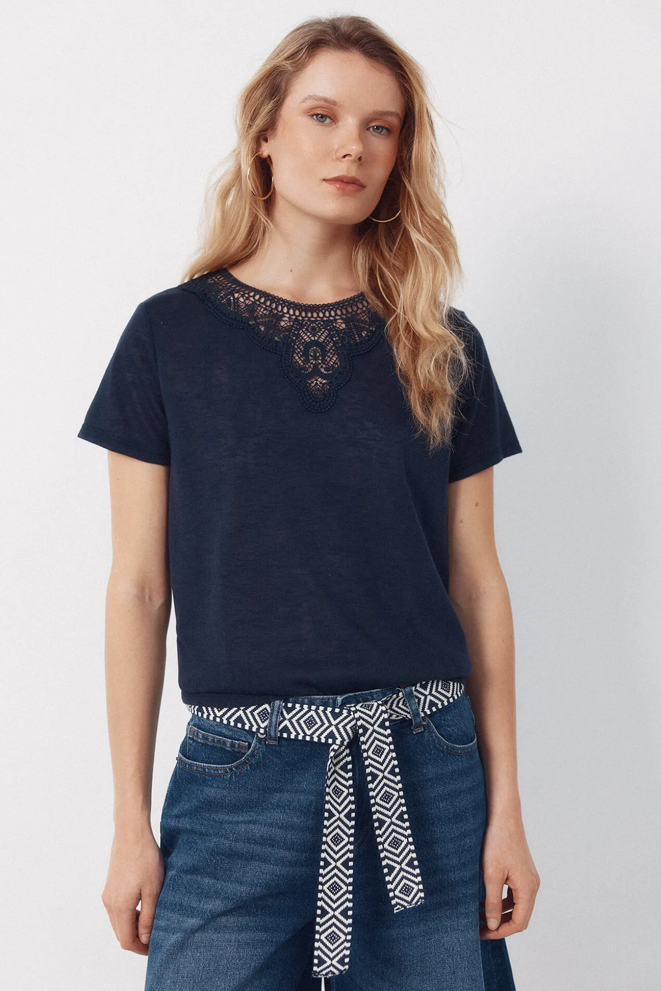 Camiseta com decote em guipure