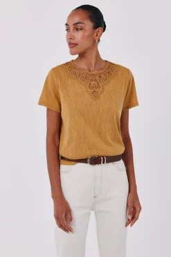 Camiseta com decote em guipure