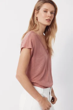 Camiseta de linho com decote em linho e lurex