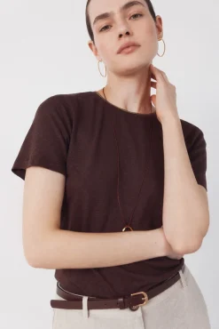Camiseta de linho com decote em lurex