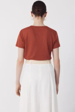 Camiseta de linho com decote em lurex
