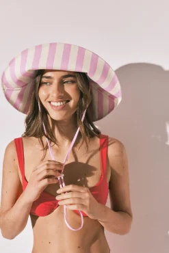 Chapéu bucket de aba larga às riscas rosa