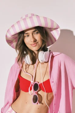 Chapéu bucket de aba larga às riscas rosa
