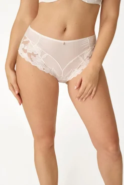 Cueca culotte cintura alta em renda floral branca