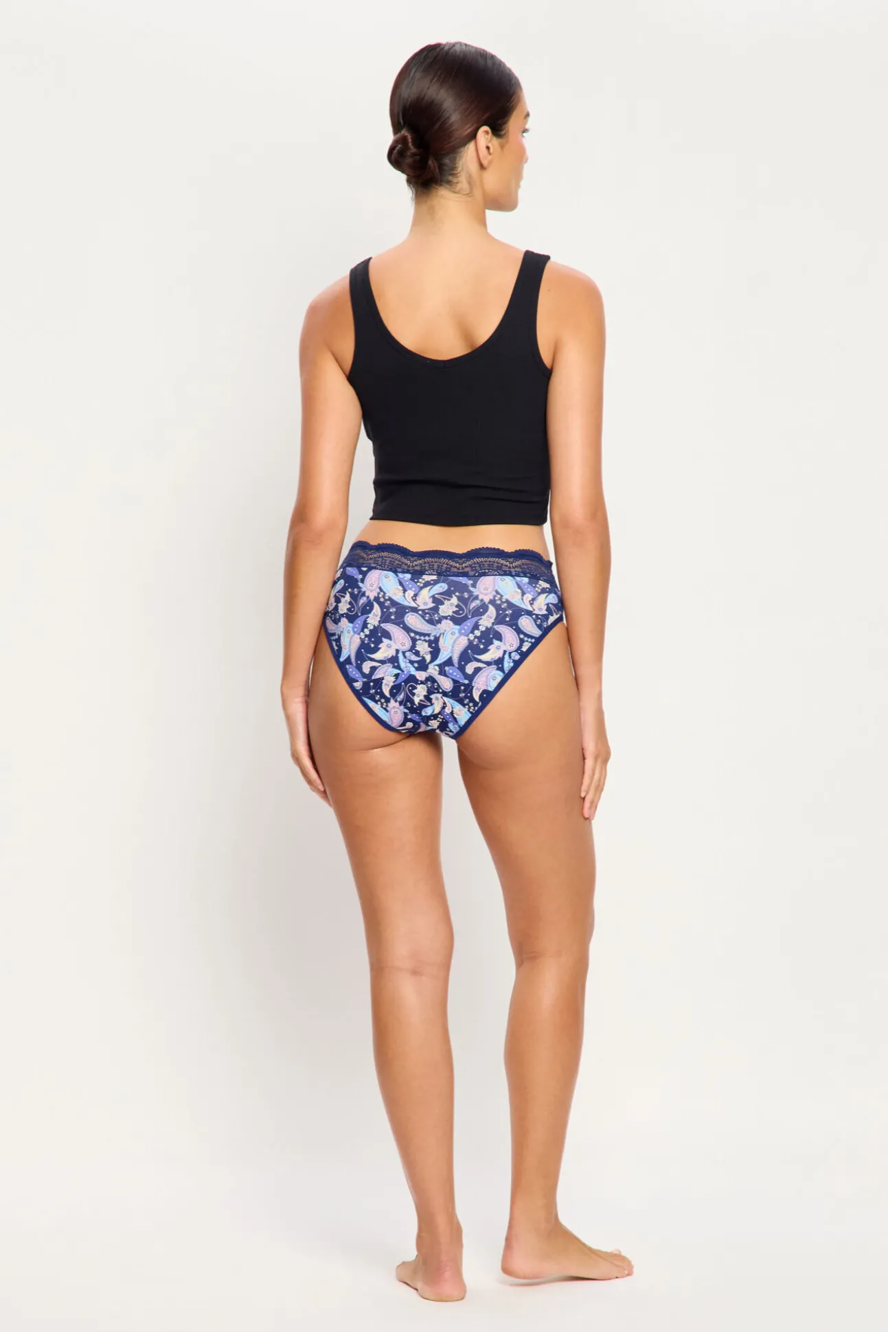 Cueca menstrual de renda cintura alta em bambu fluxo abundante azul-marinho