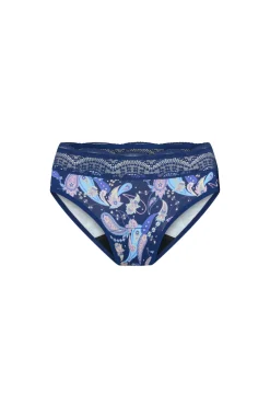 Cueca menstrual de renda cintura alta em bambu fluxo abundante azul-marinho