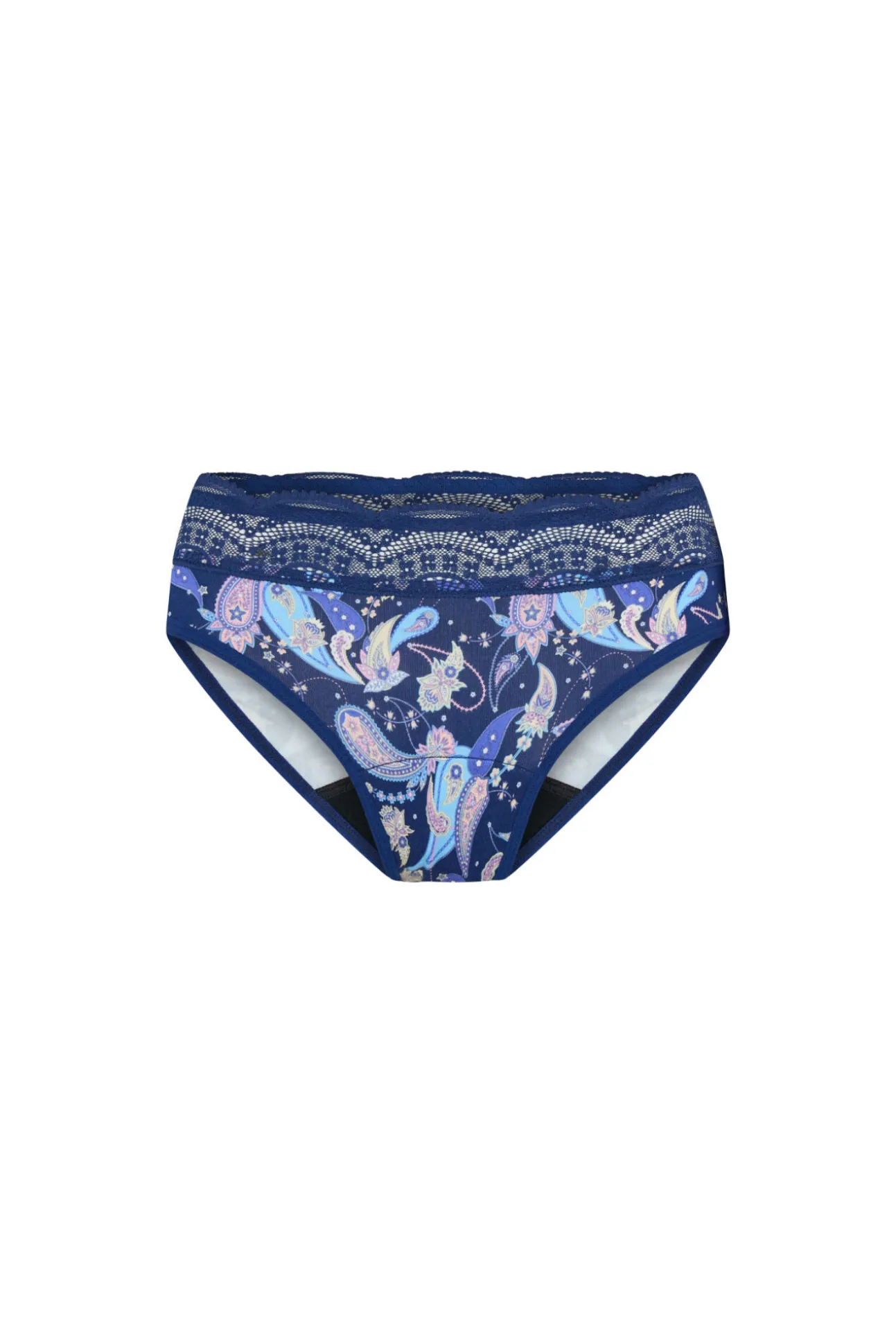 Cueca menstrual de renda cintura alta em bambu fluxo abundante azul-marinho