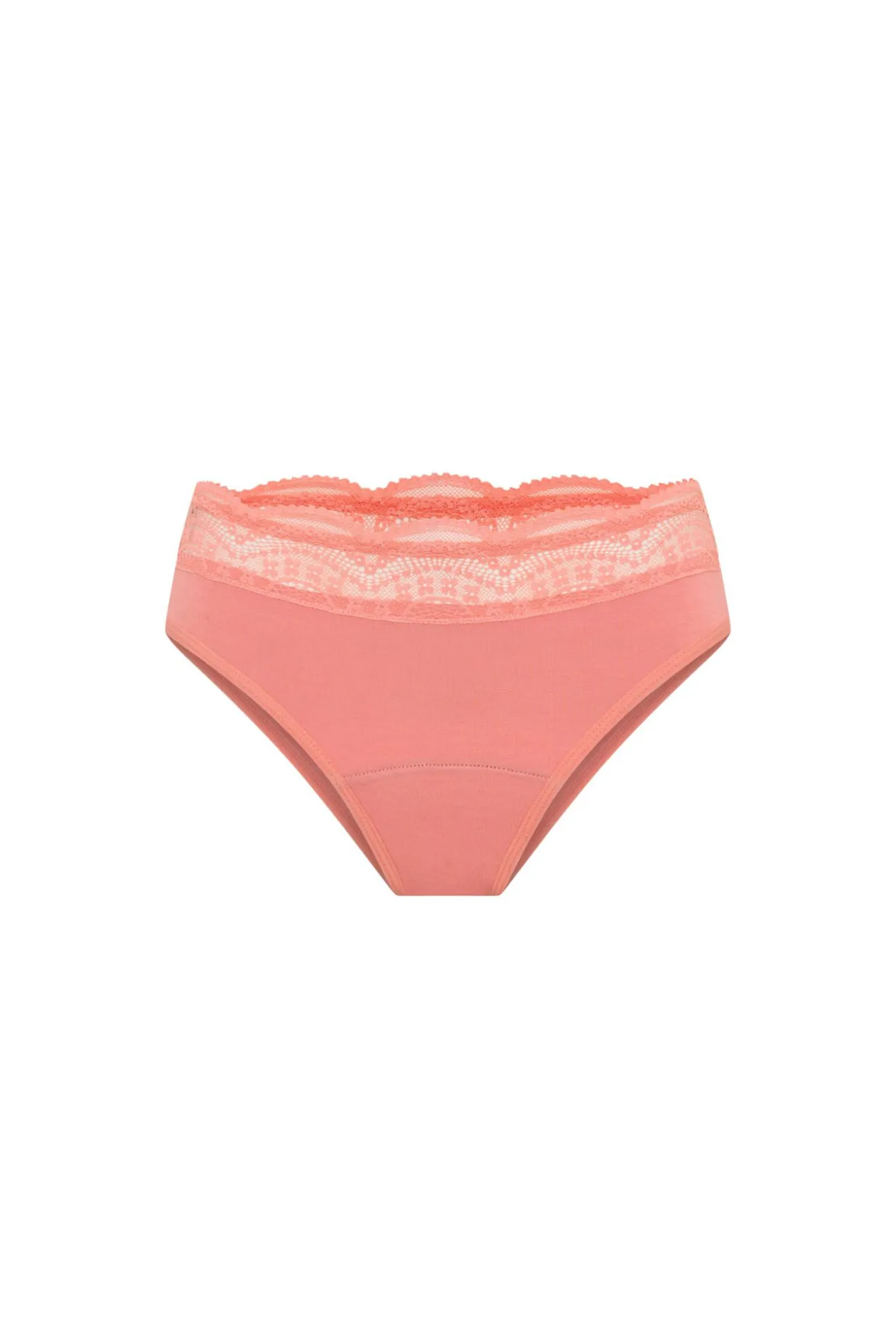 Cueca menstrual de renda cintura alta em bambu fluxo moderado coral