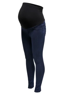 Jeans skinny para maternidade com barriga alta.