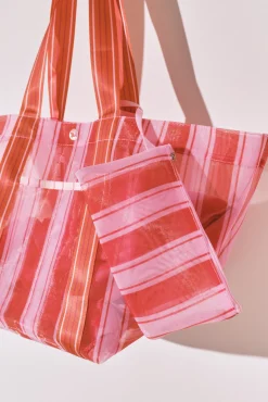 Mala grande em tecido mesh com riscas rosa e laranja