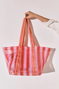 Mala grande em tecido mesh com riscas rosa e laranja