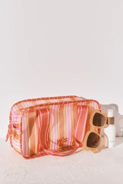 Nécessaire médio em tecido mesh com riscas rosa e laranja