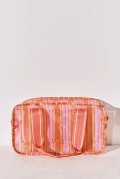 Nécessaire médio em tecido mesh com riscas rosa e laranja