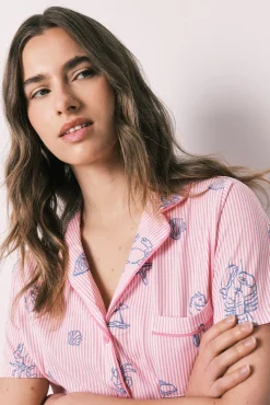 Pijama camiseiro em algodão às riscas rosa