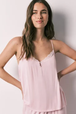 Pijama capri de alças em viscose e renda rosa