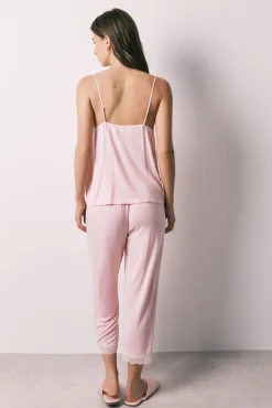 Pijama capri de alças em viscose e renda rosa