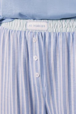 Pijama comprido com calças às riscas em algodão azul