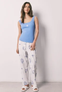 Pijama comprido de alças em algodão azul