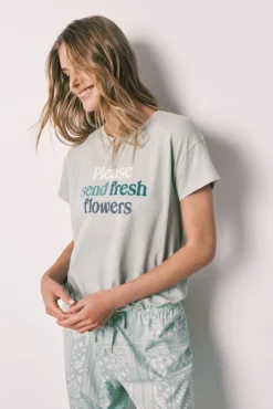 Pijama comprido de manga curta em algodão estampado bandana verde