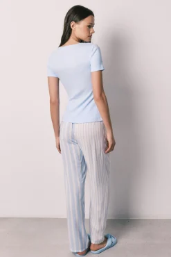 Pijama comprido de manga curta em algodão e viscose azul