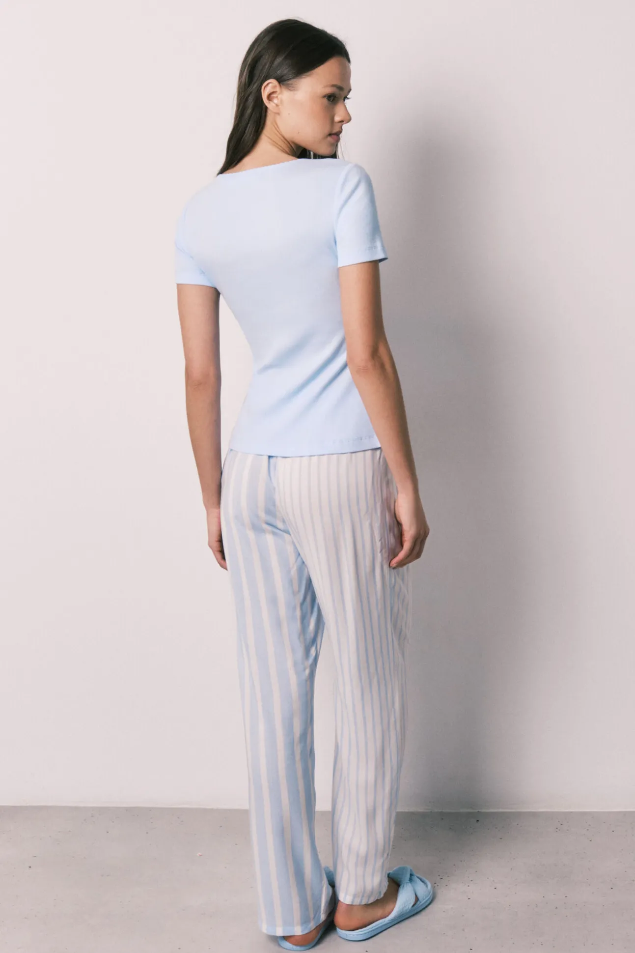 Pijama comprido de manga curta em algodão e viscose azul