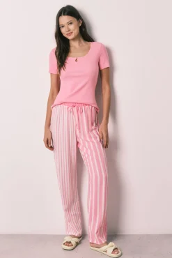 Pijama comprido de manga curta em algodão e viscose rosa