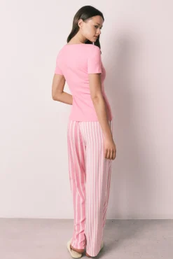Pijama comprido de manga curta em algodão e viscose rosa