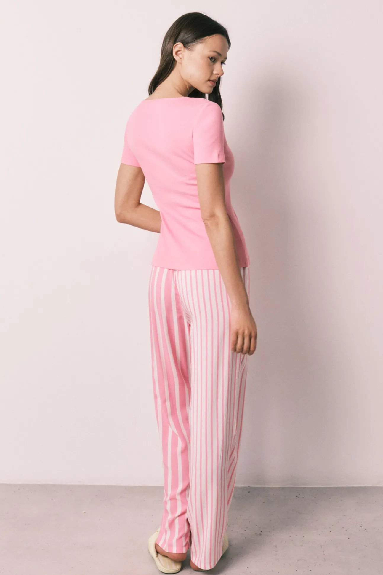 Pijama comprido de manga curta em algodão e viscose rosa