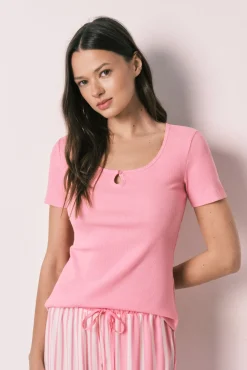 Pijama comprido de manga curta em algodão e viscose rosa