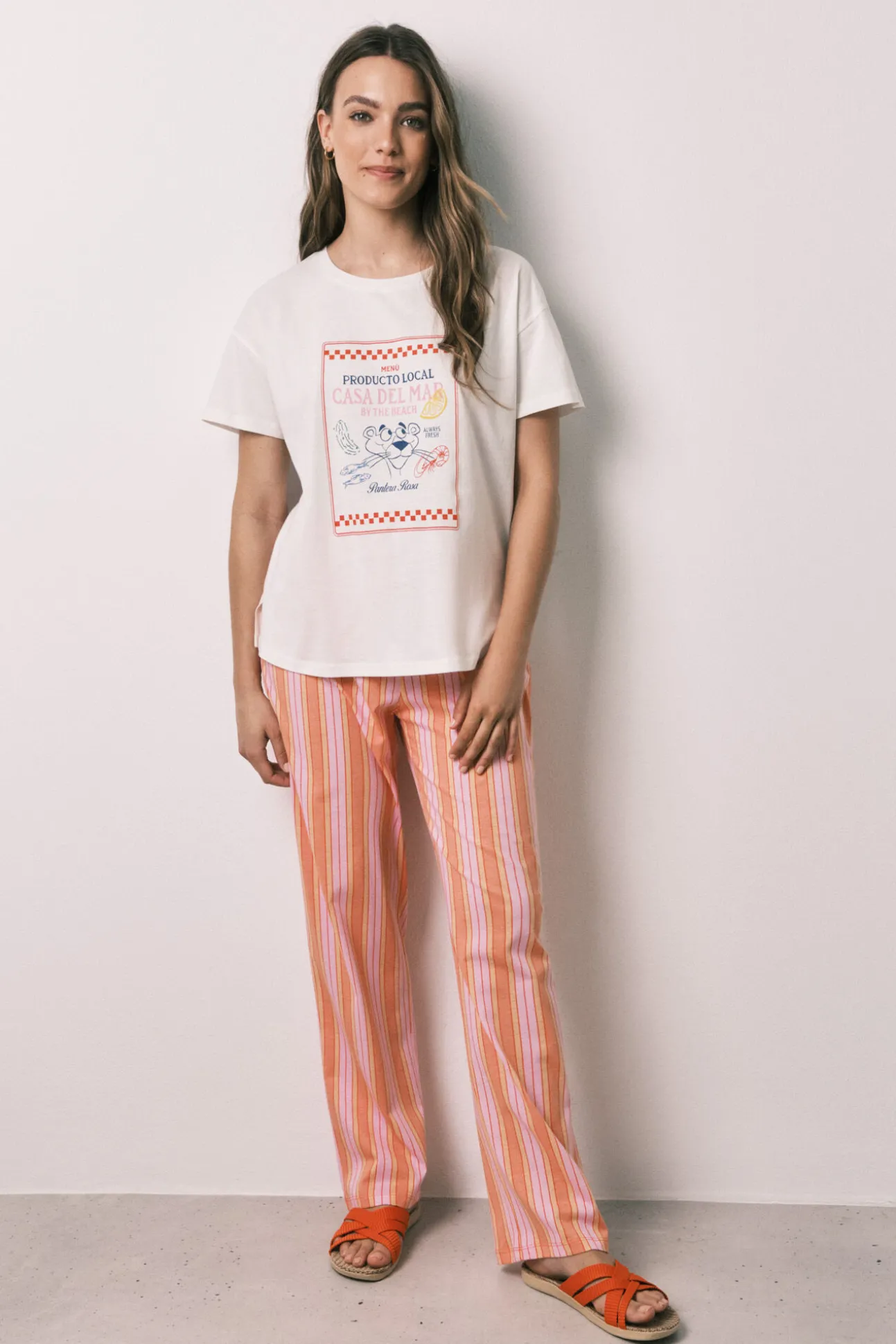 Pijama comprido em algodão com riscas Pantera Cor-de-Rosa