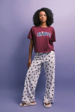 Pijama comprido em algodão com ursinho grená