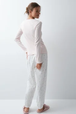 Pijama comprido em algodão com estampado de flores rosa claro