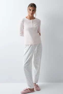 Pijama comprido em algodão com estampado de flores rosa claro
