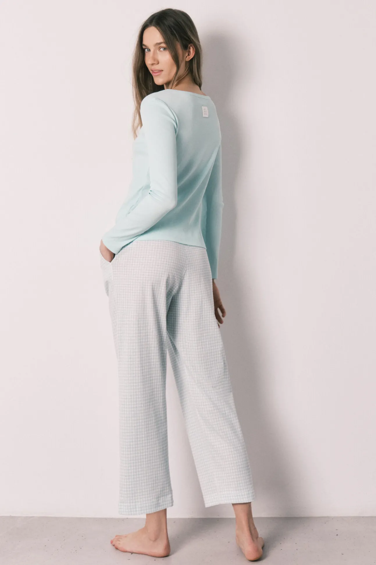 Pijama comprido estampado vichy em algodão verde