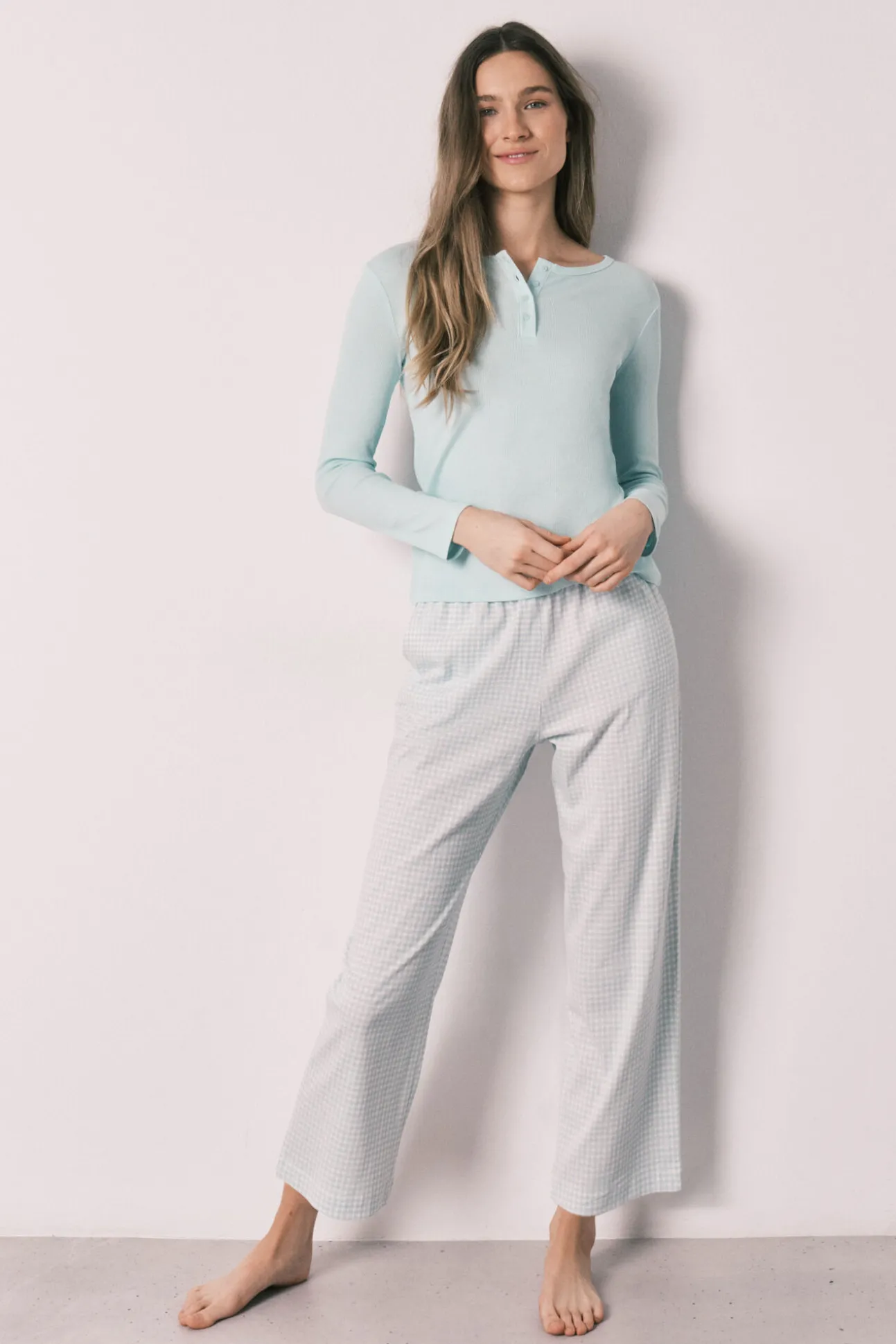 Pijama comprido estampado vichy em algodão verde