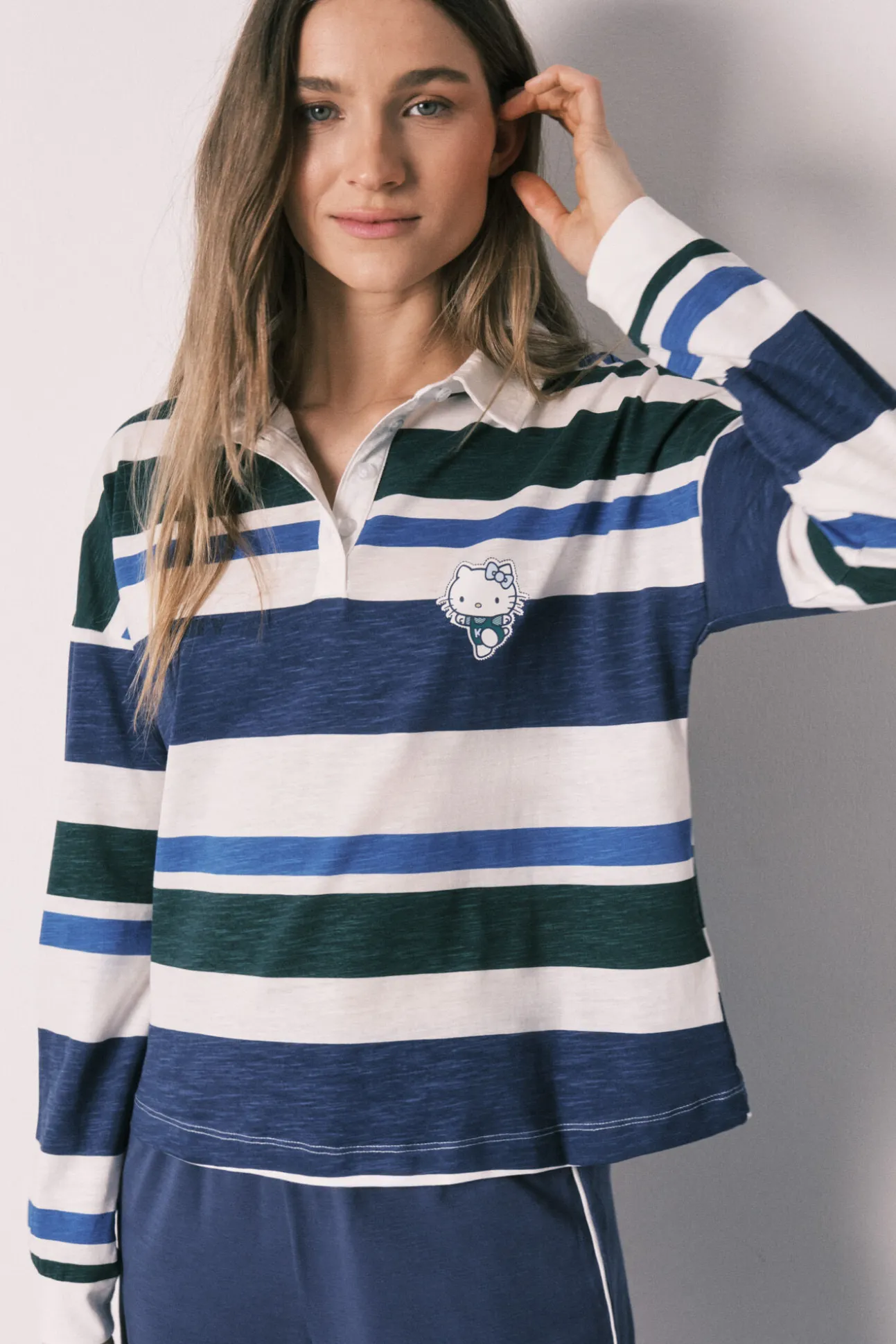 Pijama comprido Hello Kitty polo riscas em algodão