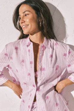 Pijama curto camiseiro de riscas rosa em algodão