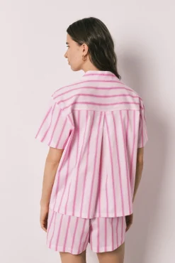 Pijama curto camiseiro em algodão SmileyWorld® riscas rosa