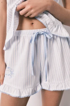 Pijama curto de alças em algodão com folho azul